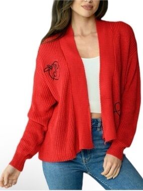 BLUE BLUSH Lightweight Open Front Red Cardigan with Black Embroidered Accents